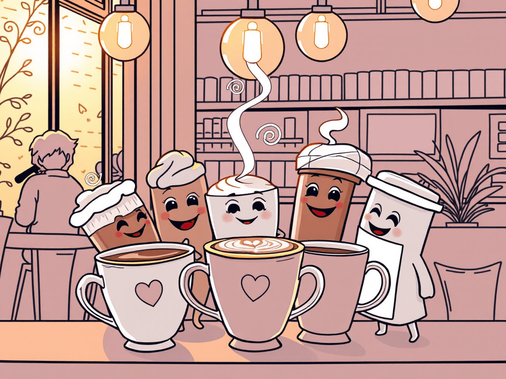 Coloured line drawing of coffee cups with personality
