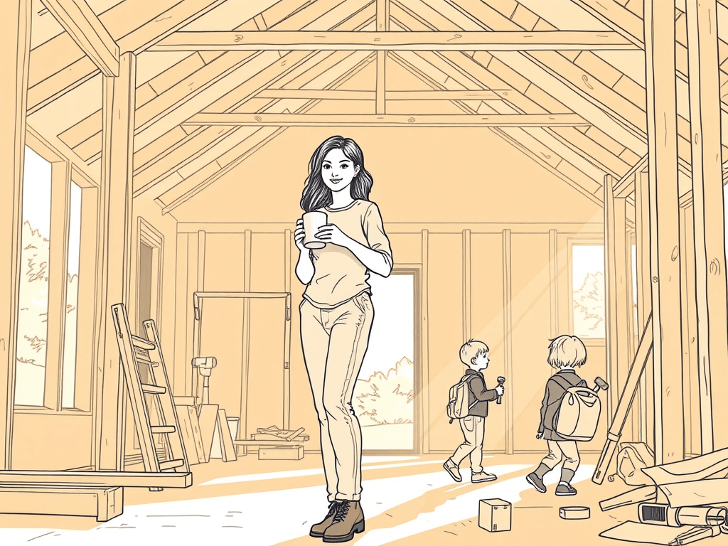 Line drawing of an extension to a house with a mum standing in the middle with a coffee