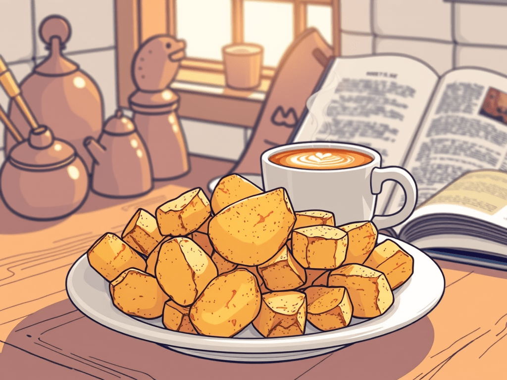 Line drawing of a plate of roast potatoes, a coffee and a good book