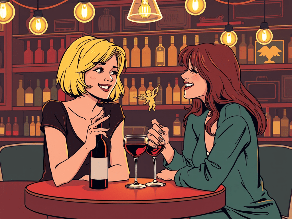 Line drawing two woman in a bar chatting
