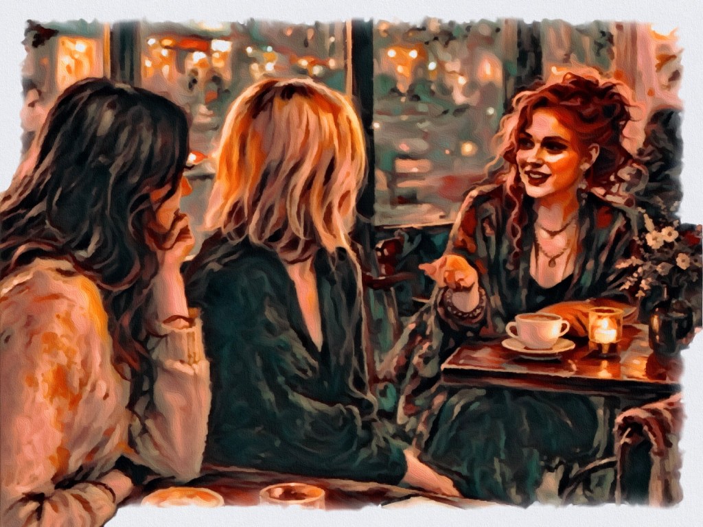 Ava and Sienna are sitting in a cafe on a rainy night having a conversation with another woman about the Black Knight Taxonomy.