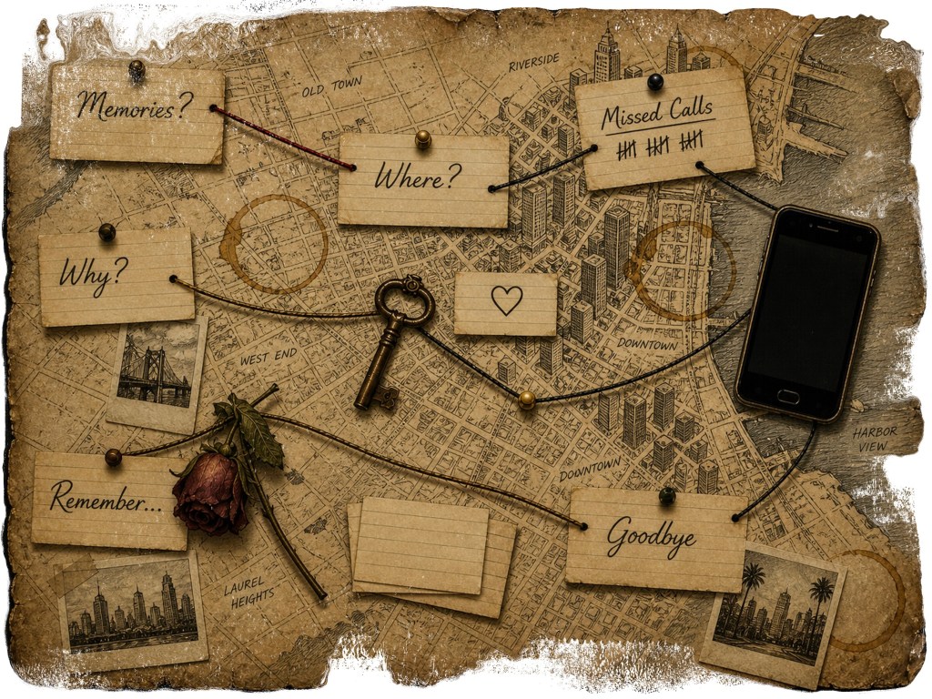 An artistic flat-lay composition of scattered index cards, coffee rings, and string connecting small symbolic objects like a key, a wilted flower, and a phone with a dim screen. The scene is arranged like a visual investigation board, but elegant and minimal, with soft neutral tones and gentle overhead lighting. The mood is analytical yet emotional, blending romance and research in a conceptual illustration style.