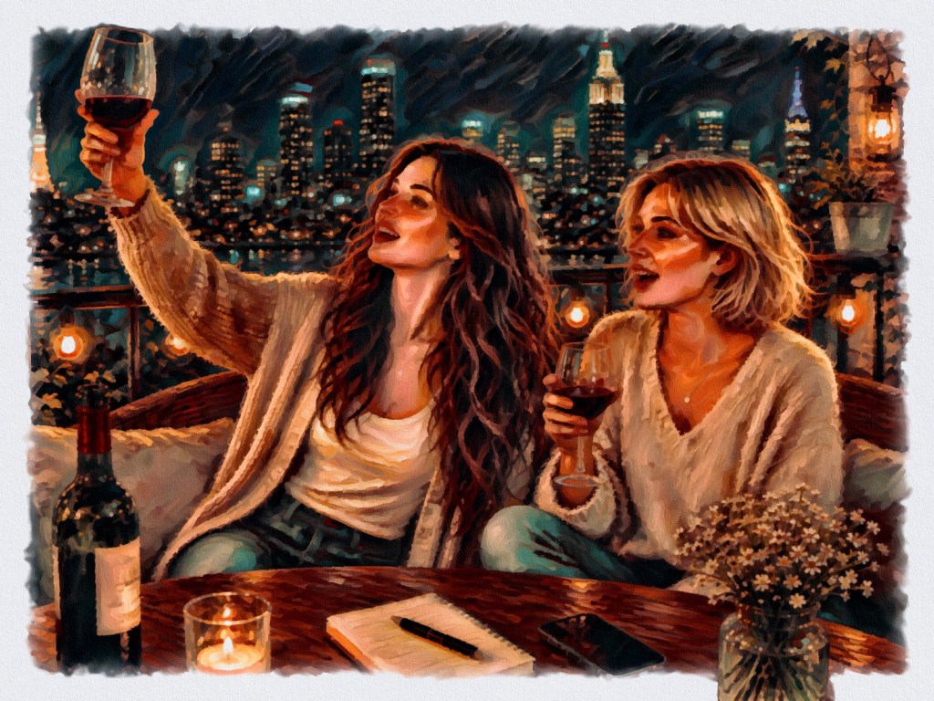 Ava and Sienna on balcony with a glass of red wine summoning a wish