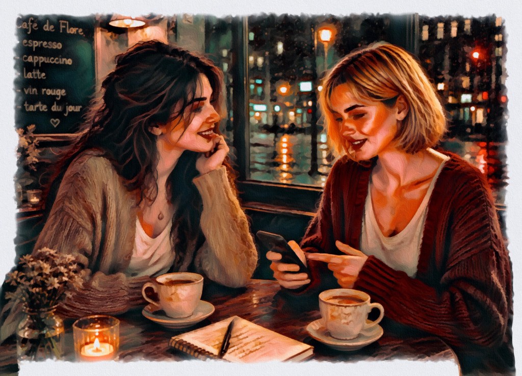 Two women having coffee doing field research updates on their romantic encounters