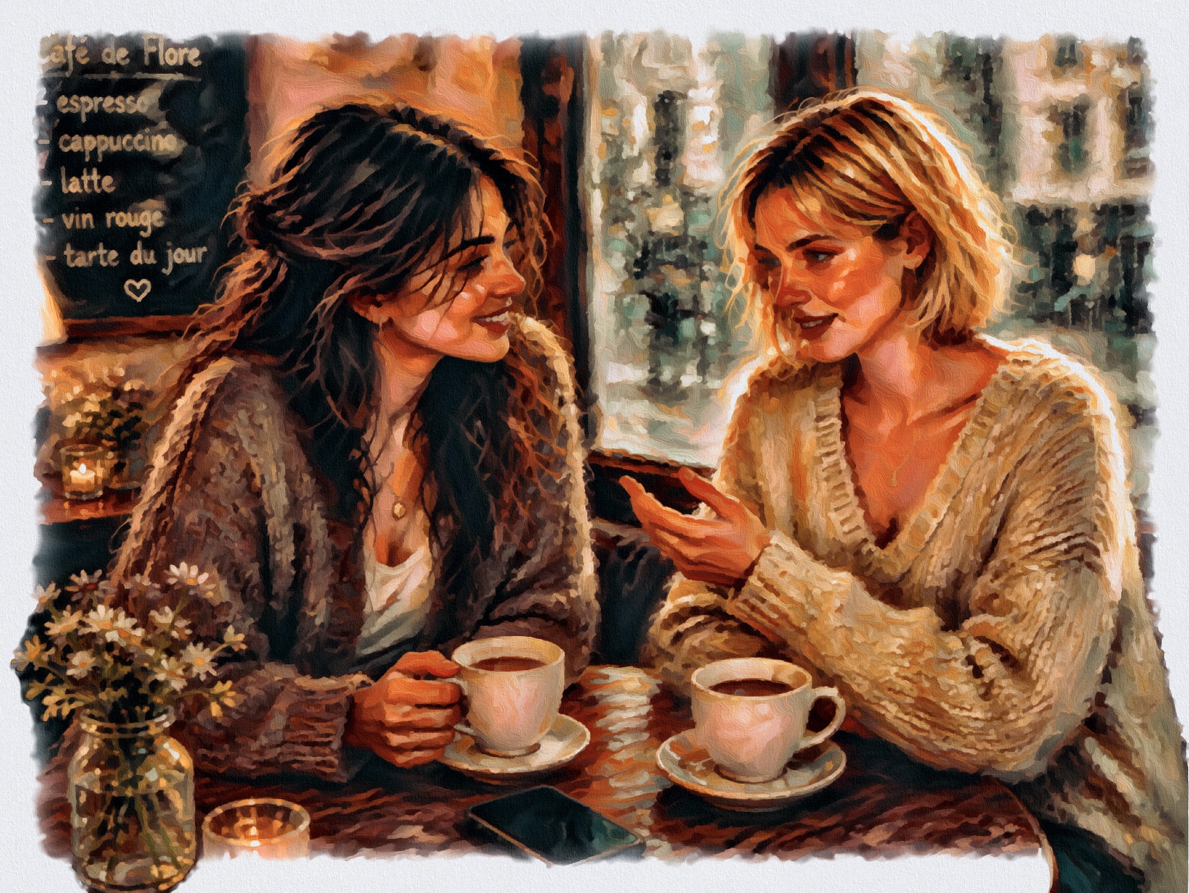 Two women having coffee doing field research updates on their romantic encounters