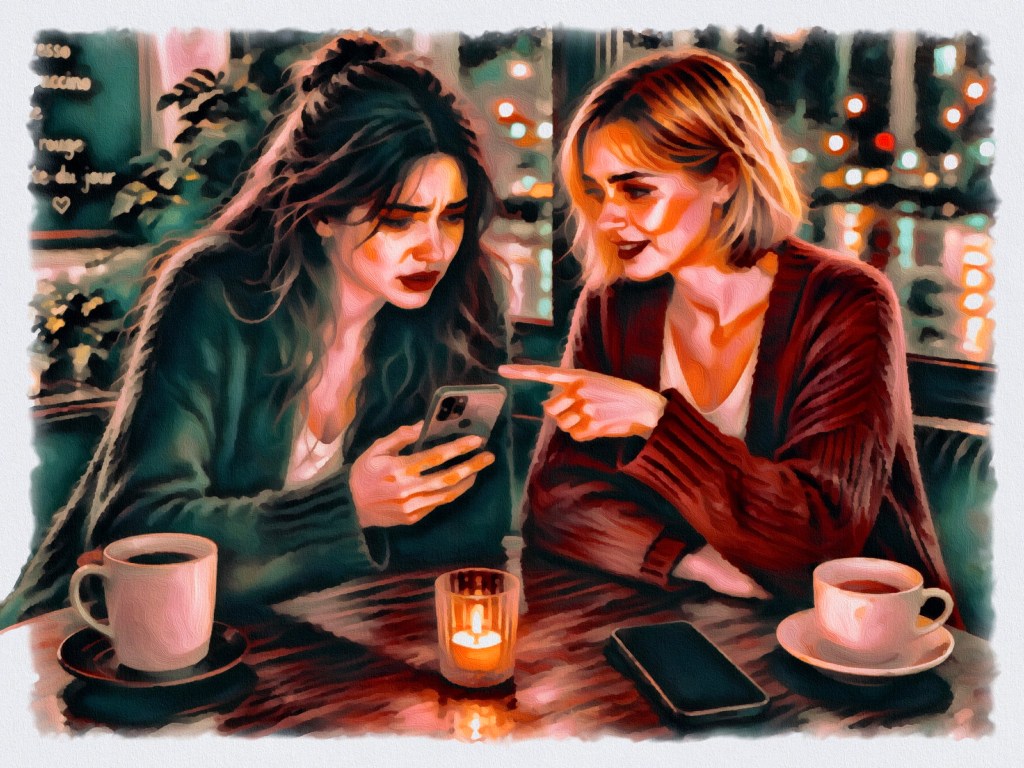 A women having coffee is anxious as her message has been seen by recipient and no response