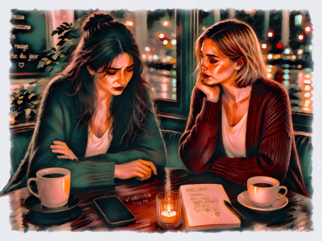 Woman having coffee and waiting for message response