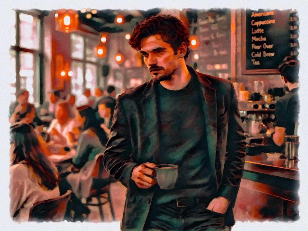 Man standing, holding a coffee in busy cafe