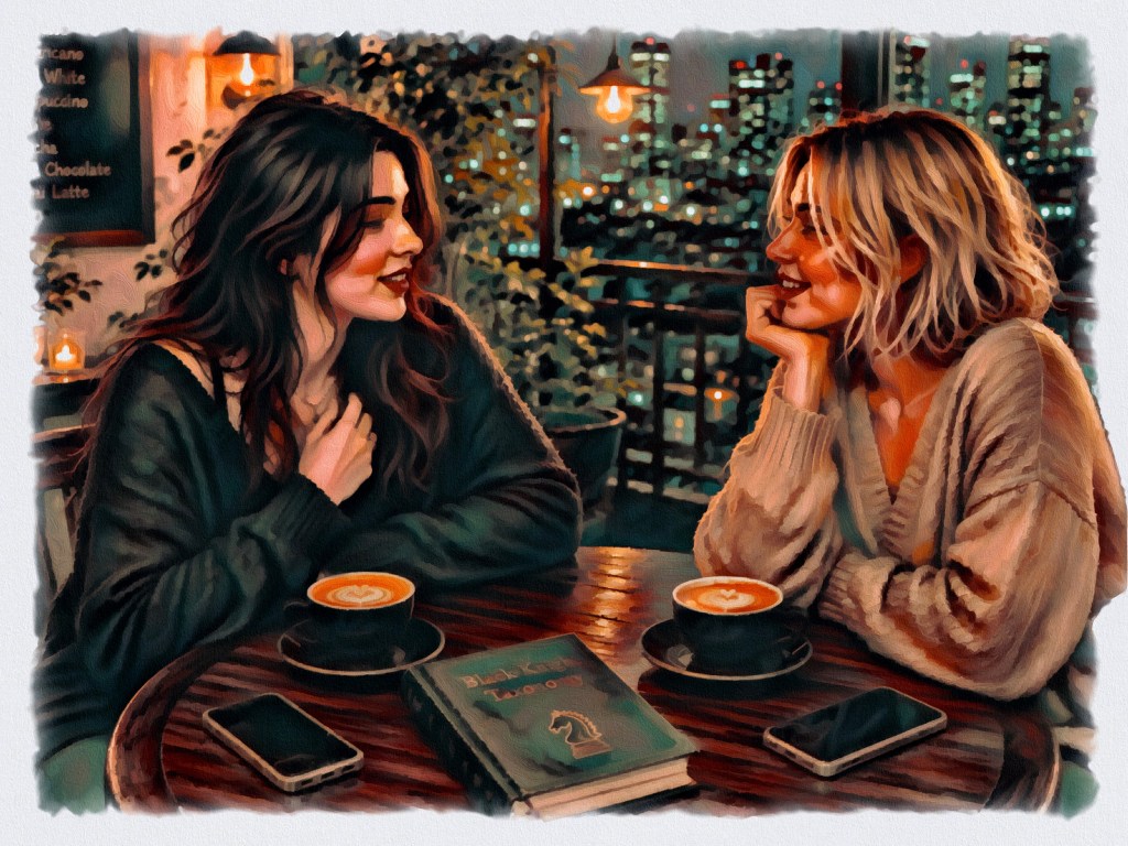 Two women having coffee doing field research updates on their romantic encounters