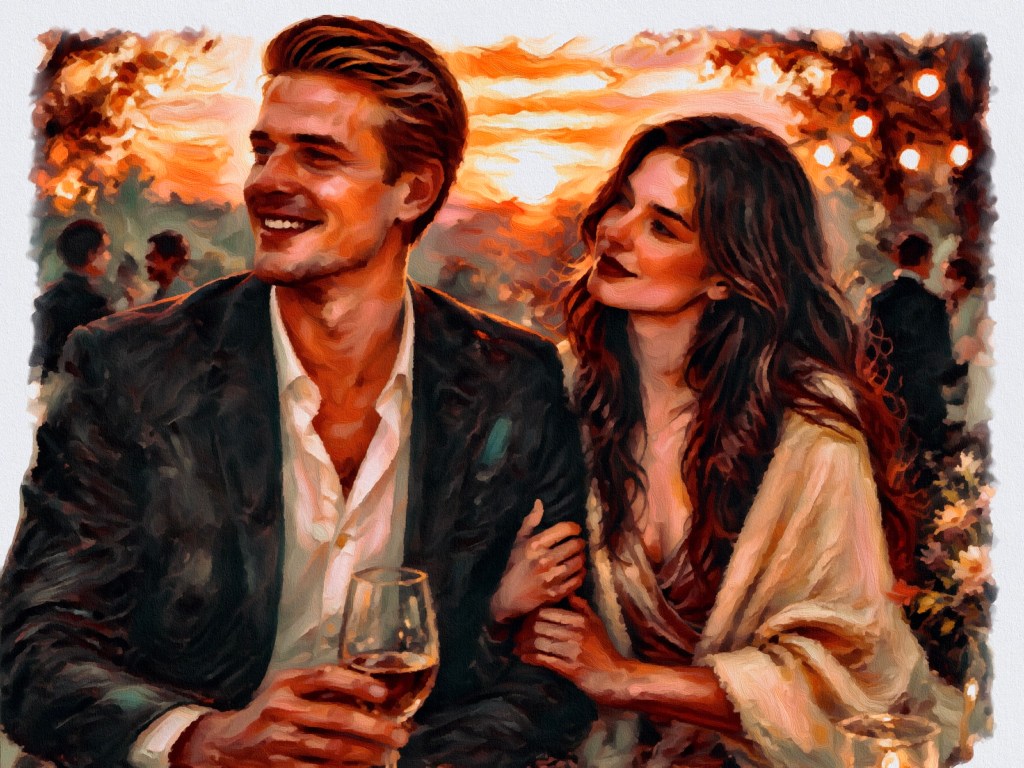 Man and woman happily together with a sunrise behind them. He's a charms the crowd whilst making you feel special too symbolic of his archetype - The Charmer