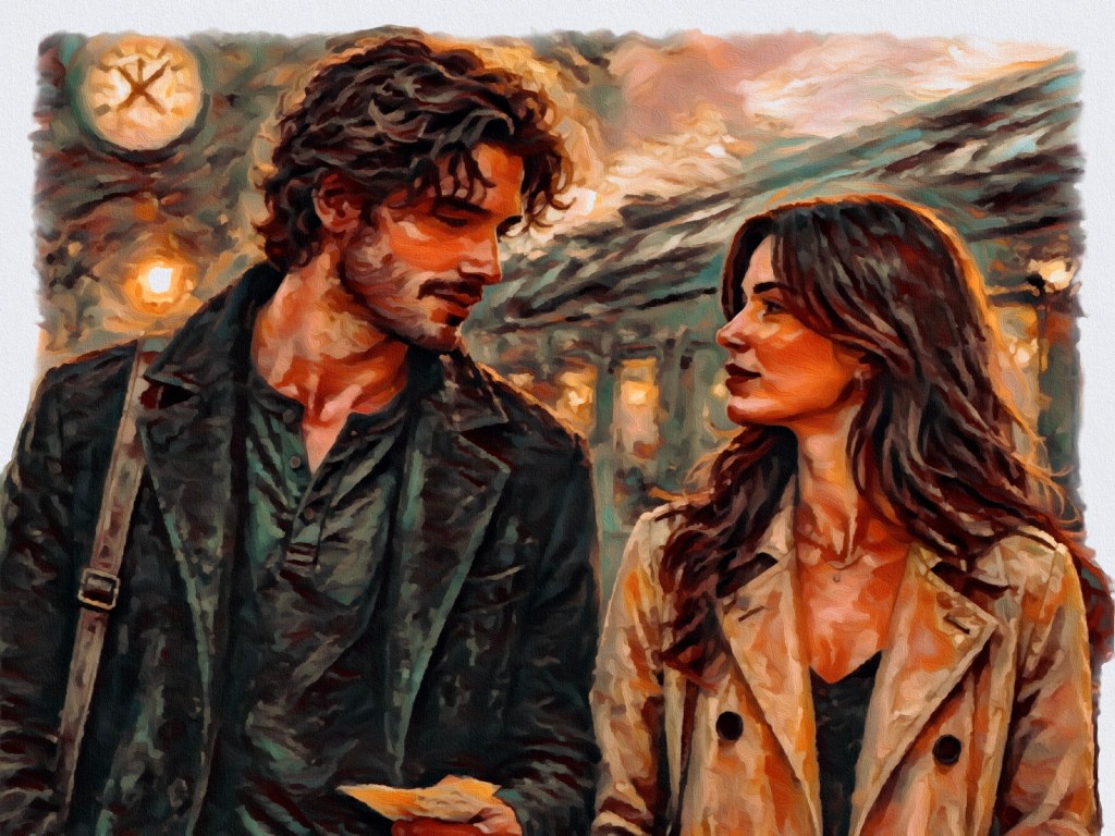 Man a woman on train platform. He picks up a note she had dropped. They look at each other as if familiar symbolic of his archetype, calm - Black Knight - Midnight Edition