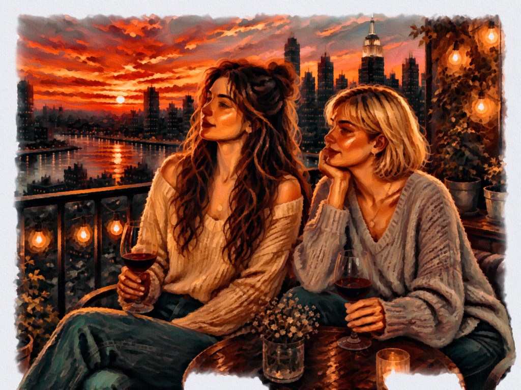 Two women having a wine on the balcony reflecting