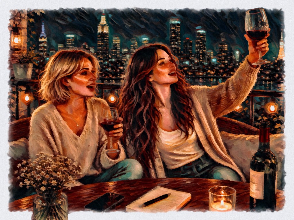 Ava and Sienna on balcony with a glass of red wine summoning a wish