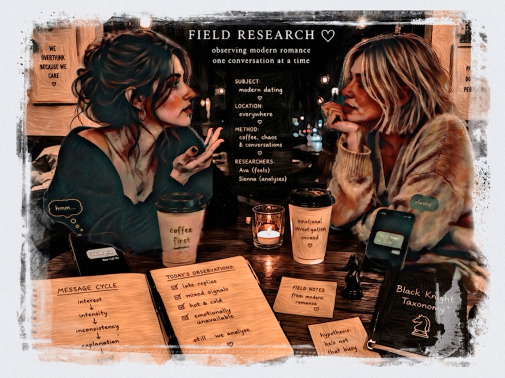 Two women having coffee doing field research for romantic encounters emotional patterns