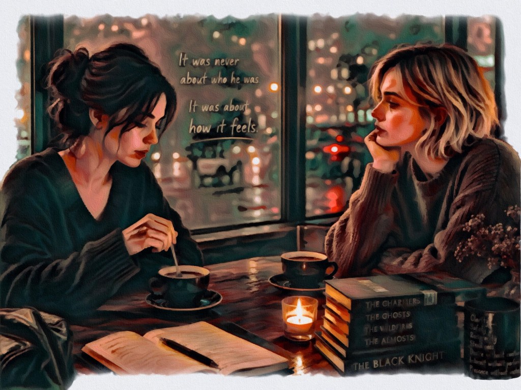Two women having coffee and one stirs hers coffee as realisation hits