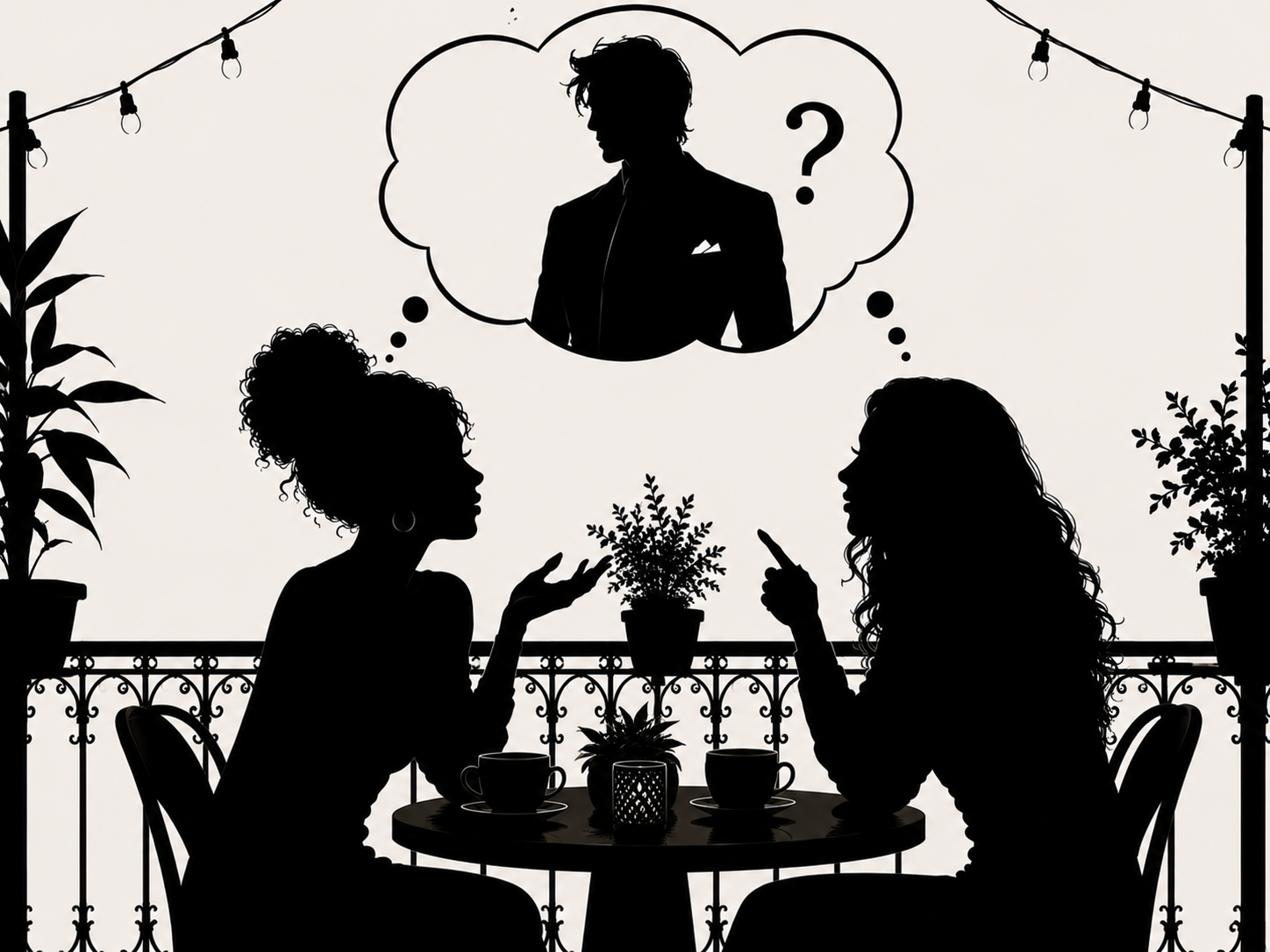 Black & White silhouette of two women on a balcony having coffee chatting about their dream man