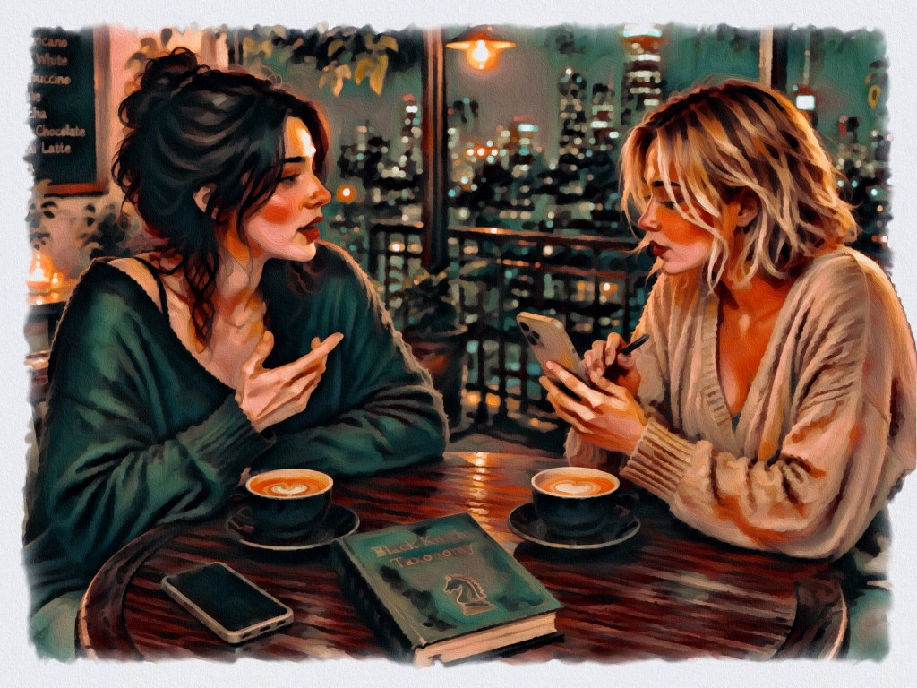 Two women having coffee doing field research updates on their romantic encounters