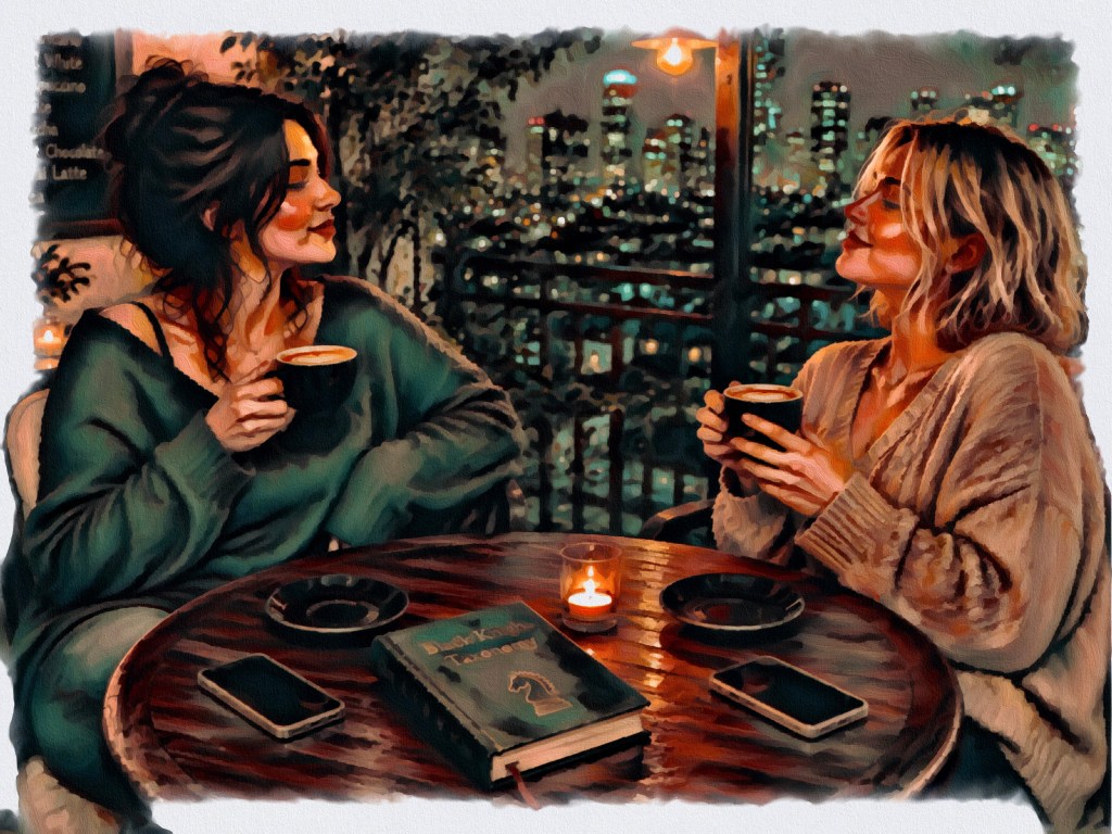 Two women having coffee feeling very pleased about their discovery