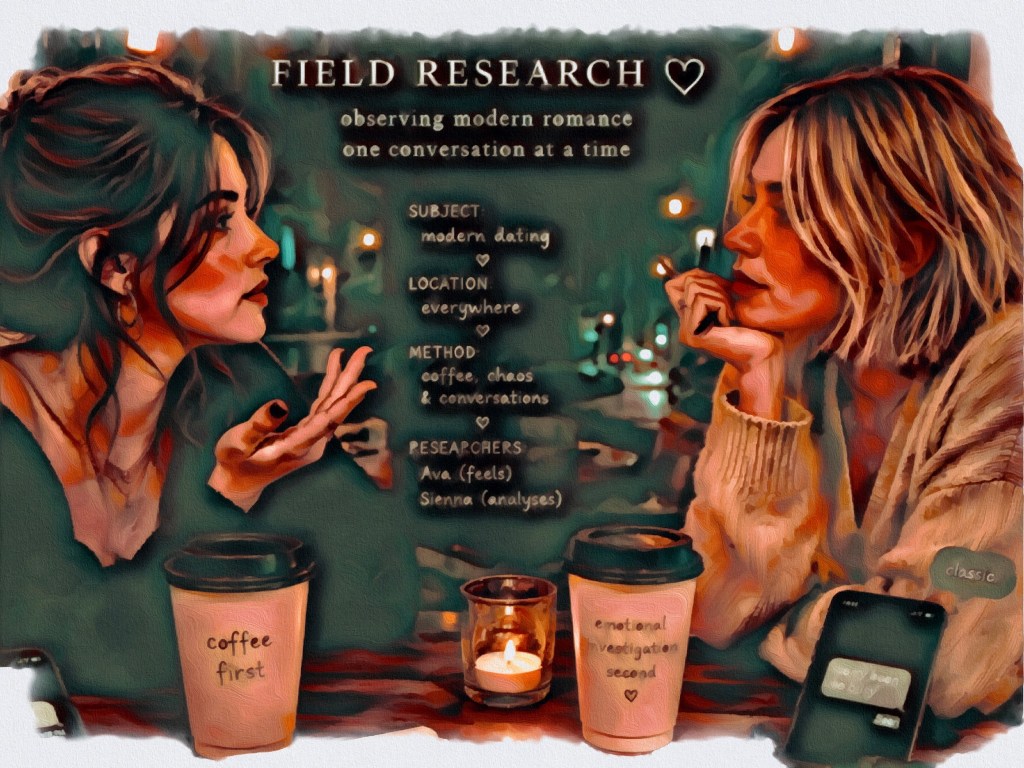 Two women having coffee doing field research updates on their romantic encounters