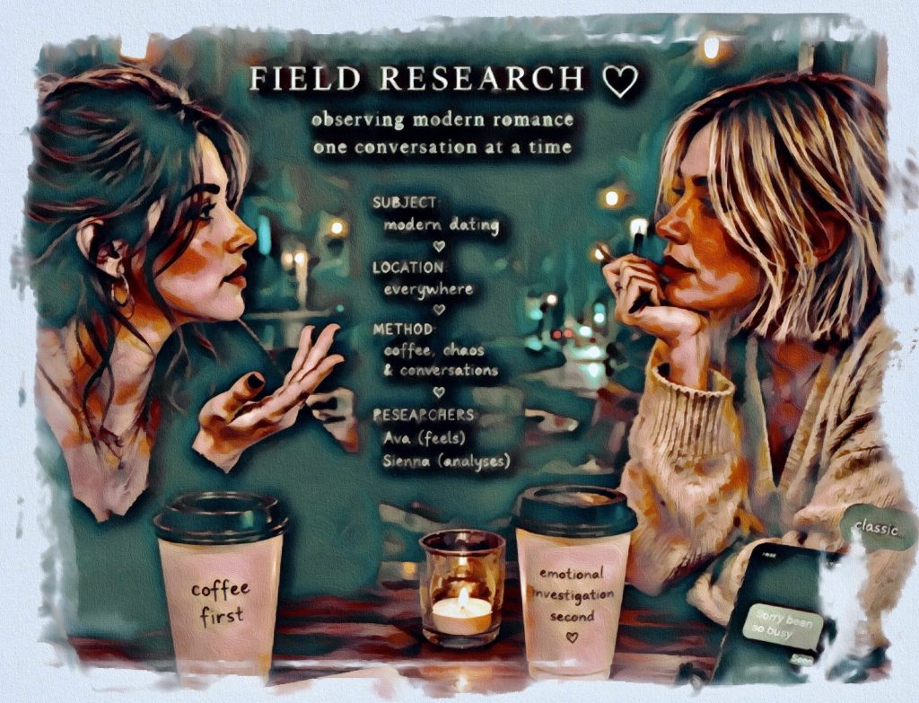 Two women having coffee doing field research updates on their romantic encounters