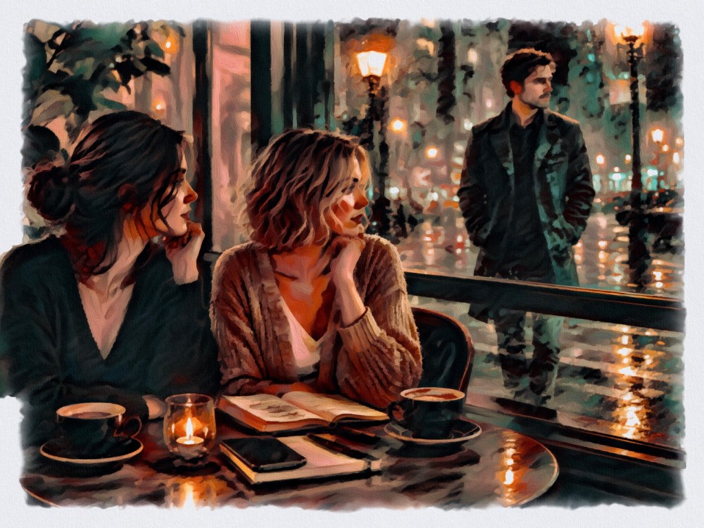 Two women in a cafe sense a steady presence in a man approaching.