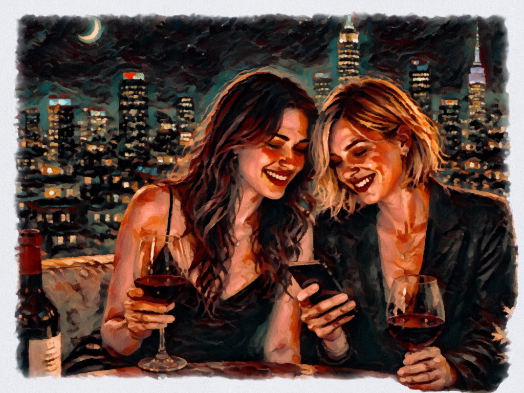 Two women on balcony with a city view holding a glass of wine checking their phones.