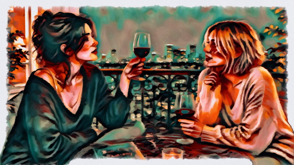 Two women on a balcony with a city view and midnight sky