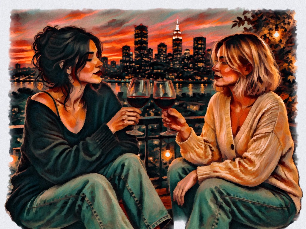 Two women on the balcony, city view, with red wine, cheers
