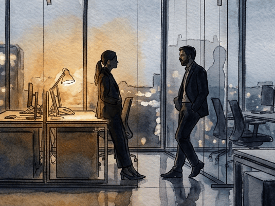 Two colleagues talking in a modern office at dusk